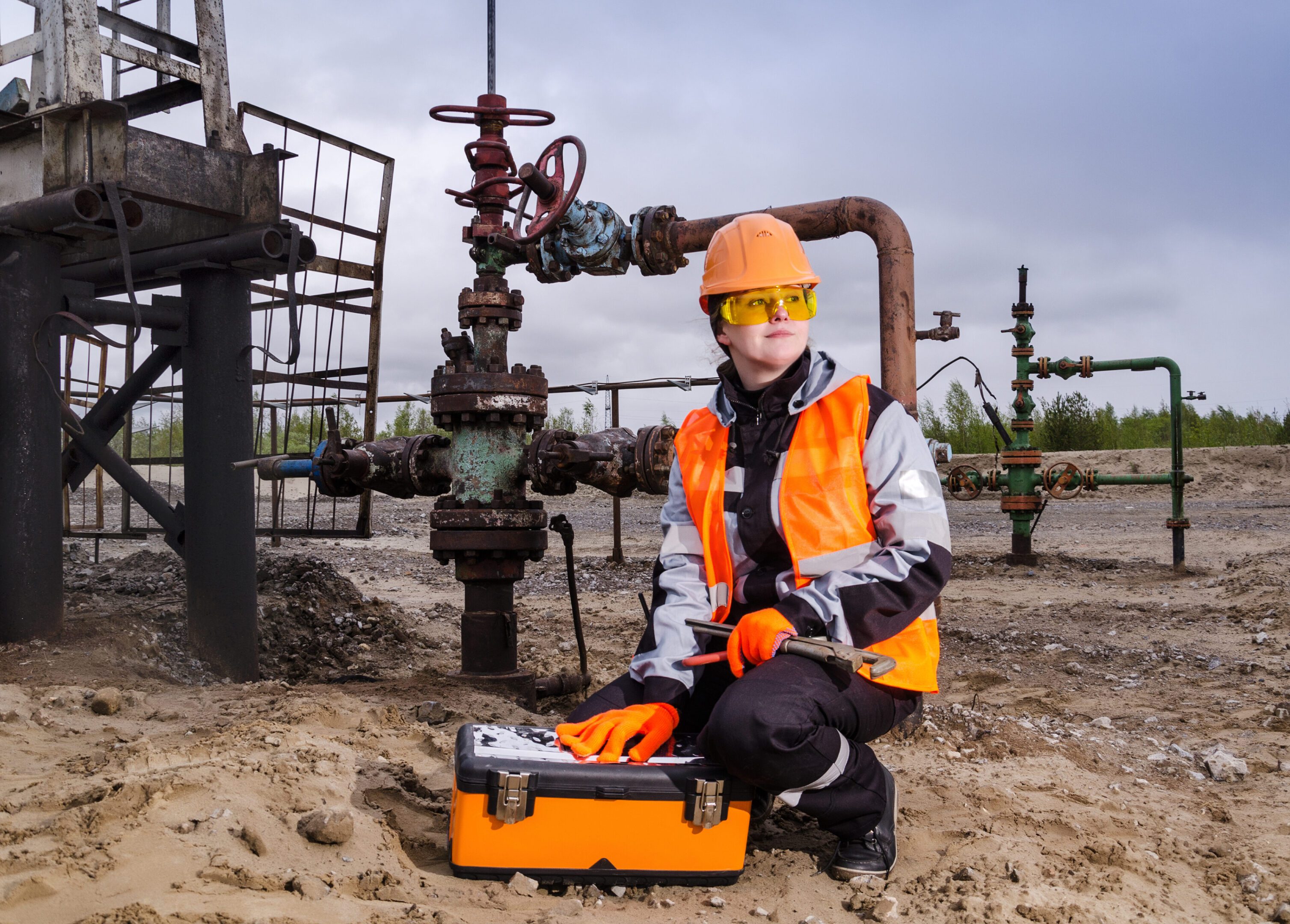 Woman engineer in the oilfield A man in an orange safety vest and hard hat kneeling on the ground.