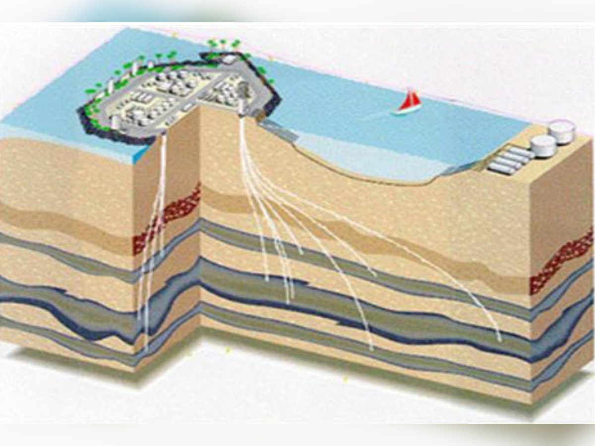 A cross section of an ocean floor showing the water and land.