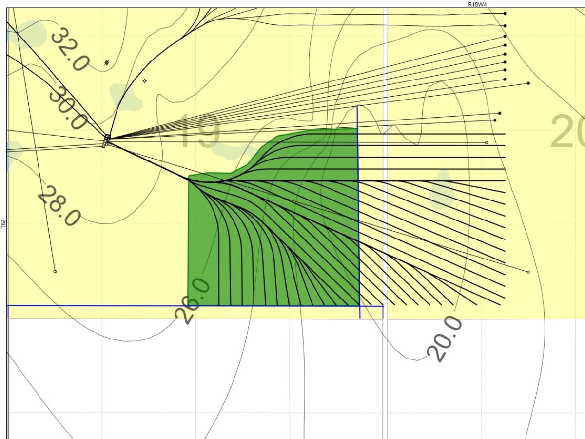 A drawing of a green field with lines and curves.