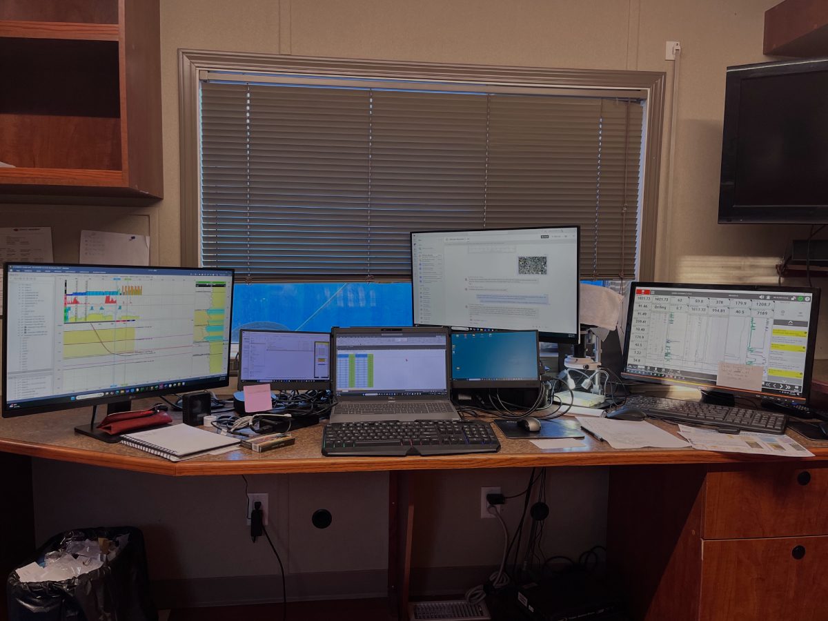 A desk with several computers on it